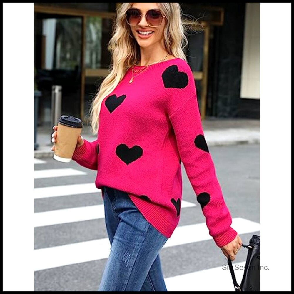 Crew Neck Pullover Sweater Long Sleeve Knitted Casual Y2K Cute Heart Pattern - Picture 5 of 7